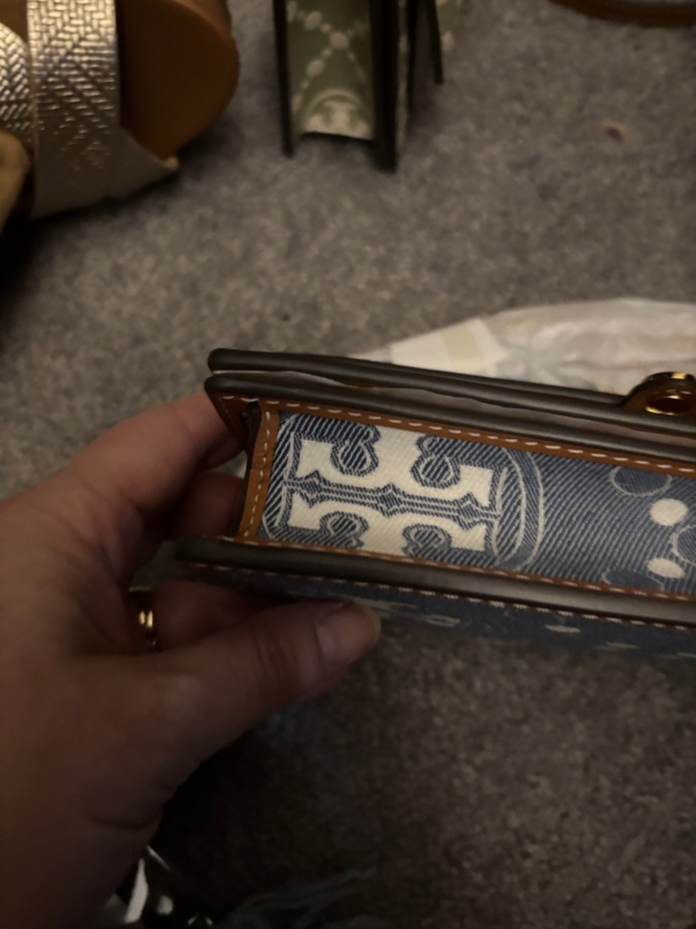 Tory Burch Blue Denim Logo Shoulder Bag with Brown Trim - Picture 7 of 8
